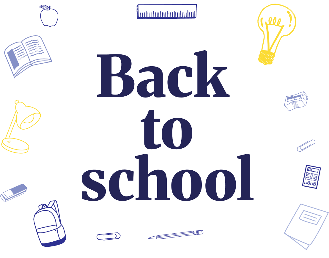 Illustration avec le test Back to school
         ecrit au milieu entouré d'une pomme, un cahier, un cartable et d'autres objets qui rappel l'école